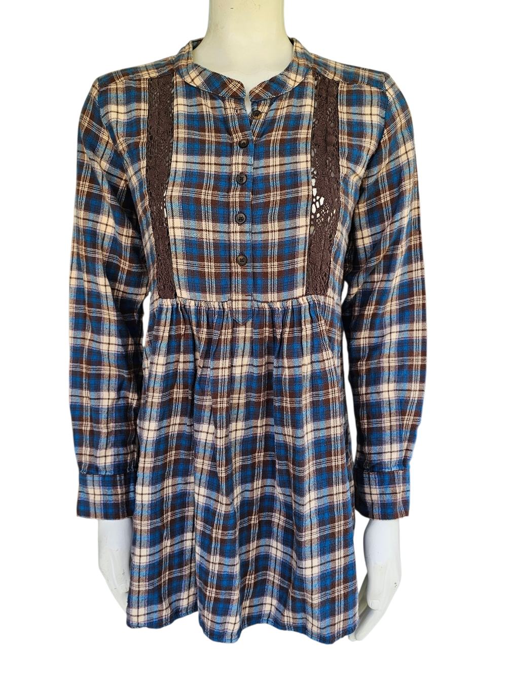 Wrangler Buffalo Plaid Flannel Dress M Blue Brown Lace Tunic Shirt Boho